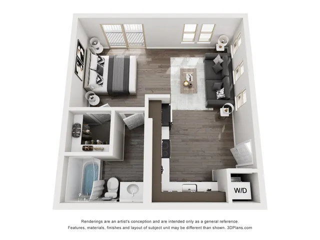 Modern 3D floor plan showcasing an inviting one-bedroom apartment with open living space, sleek kitchen, cozy lounge area, and elegant bathroom.