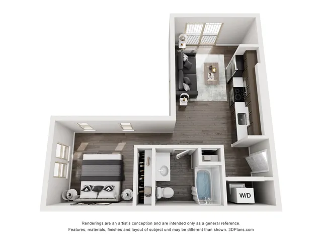 Modern 3D apartment floor plan showcasing one-bedroom layout, cozy living area, sleek kitchen, and bathroom with a bathtub.