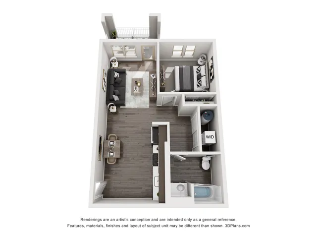 Modern 3D floor plan with a spacious open living area, cozy bedroom, and sleek kitchen layout.