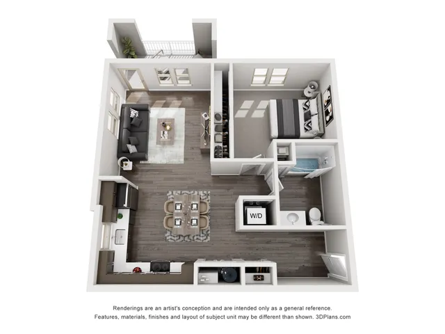 Modern 3D floor plan showcasing a cozy one-bedroom apartment with open-concept living and dining area, sleek kitchen, and stylish bathroom.