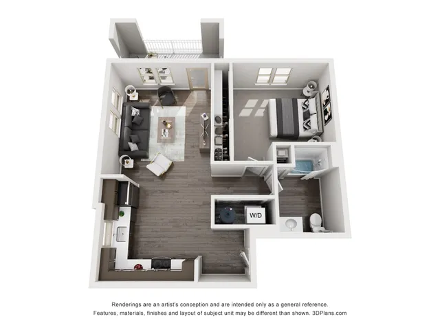 Modern 3D floor plan showcasing a cozy 1-bedroom apartment with a spacious living area, sleek kitchen, and stylish bathroom.