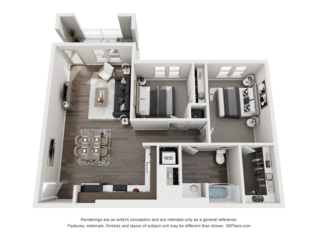 Modern 3D floor plan showcasing 2 bedrooms, stylish living room, and elegant dining area, complemented by a cozy balcony.
