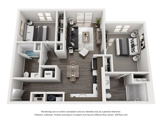 Modern 3D floor plan showcasing 2 cozy bedrooms, a sleek open-concept living area, contemporary kitchen, and stylish bathrooms.