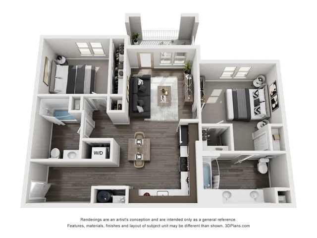 Elegant 3D floor plan highlighting a modern apartment with two spacious bedrooms, two sleek bathrooms, an open-concept living room, and a contemporary kitchen. Includes a cozy balcony and convenient in-unit laundry facilities.