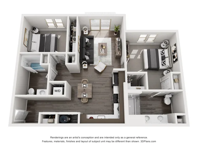 Modern 3D floor plan featuring 2 spacious bedrooms, sleek open-concept living area, elegant kitchen, and 2 contemporary bathrooms.