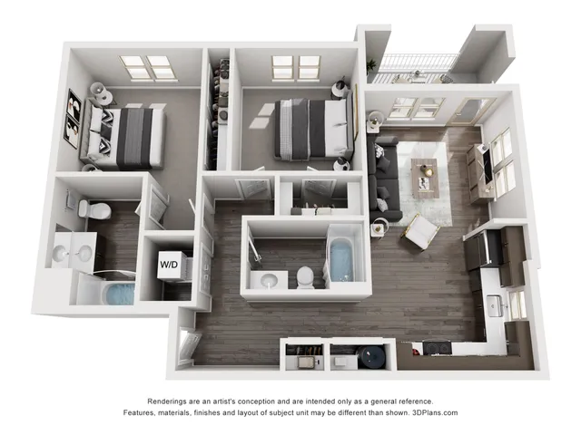 Modern 3D floor plan showcasing 2 bedrooms, a cozy living room with balcony, and a sleek kitchen, ideal for contemporary living.