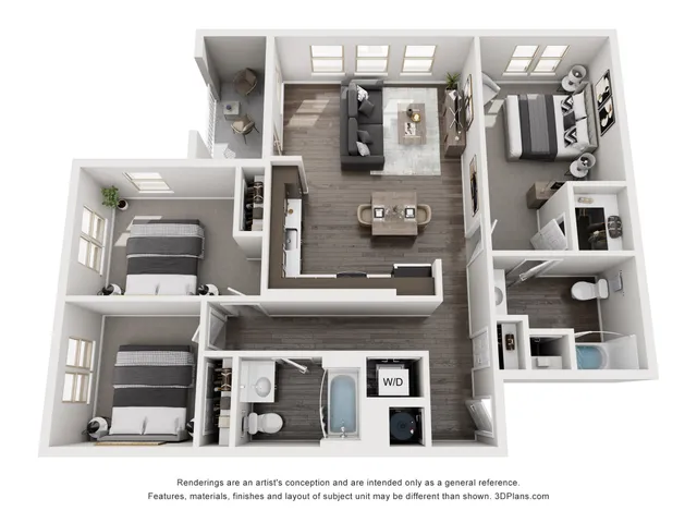 Modern 3D floor plan showcasing 3 bedrooms, spacious living area, stylish kitchen, and elegant bathrooms with W/D unit.
