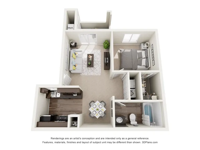 Chic 1-bedroom apartment floor plan with a cozy living room, modern kitchen, and elegant bath.