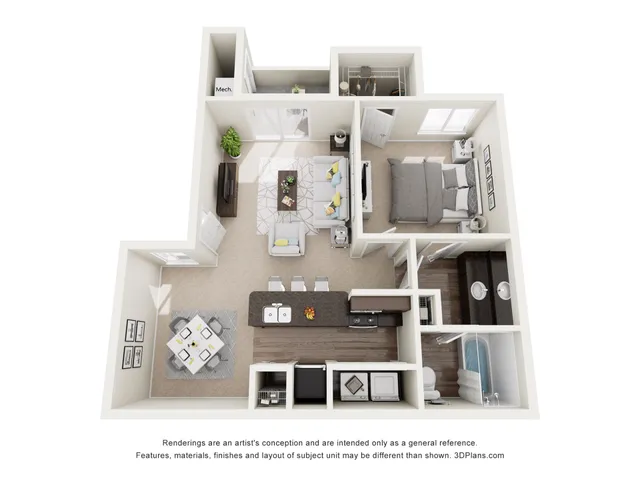 Modern 3D floor plan featuring a cozy 1-bedroom layout, open-concept living and dining area, spacious kitchen, and elegant bathroom.