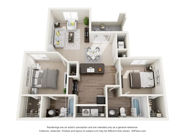 Inviting 3D floor plan showcasing two cozy bedrooms, a contemporary open-concept living and dining area, and a modern kitchen with sleek finishes.