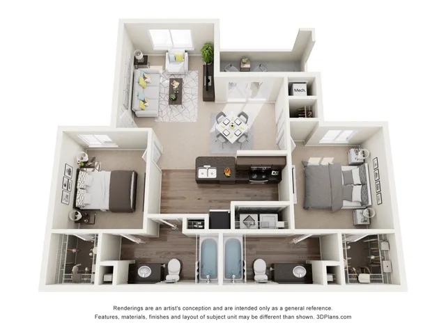 Modern 3D floor plan showcasing two spacious bedrooms, an elegant open-concept living area, a stylish kitchen, and a cozy balcony retreat.