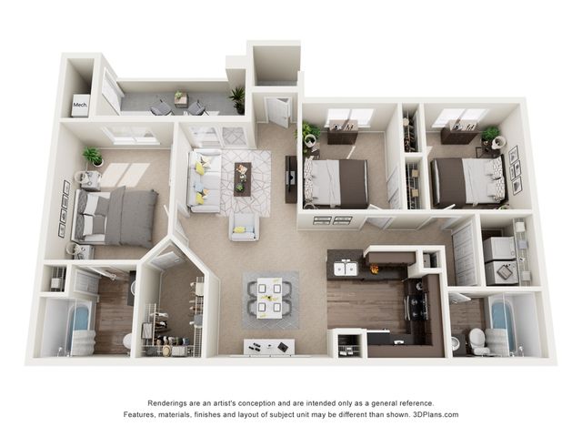 Modern 3D floor plan showcasing a spacious three-bedroom apartment with an open living area, elegant kitchen, and private balcony retreat.
