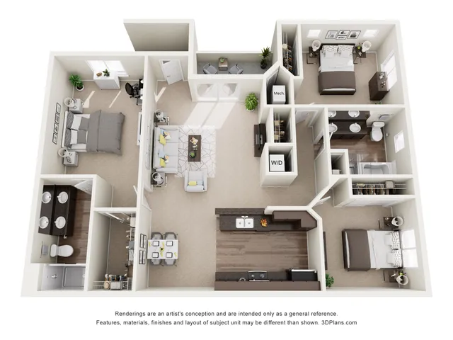 Modern 3D floor plan featuring two spacious bedrooms, two elegant bathrooms, a sleek kitchen with a stylish island, and an inviting living area. Includes a dedicated laundry space and ample storage options.