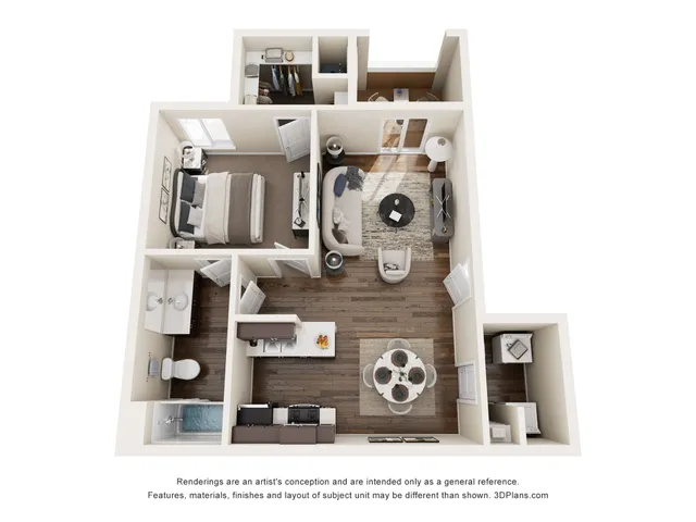 Modern 3D floor plan showcasing a cozy 1-bedroom apartment with a stylish open-concept living and dining area, compact kitchen, and sleek bathroom.