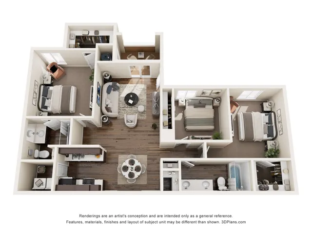 Elegant 3D floor plan showcasing 3 cozy bedrooms, a spacious living area, modern kitchen, and stylish bathrooms.