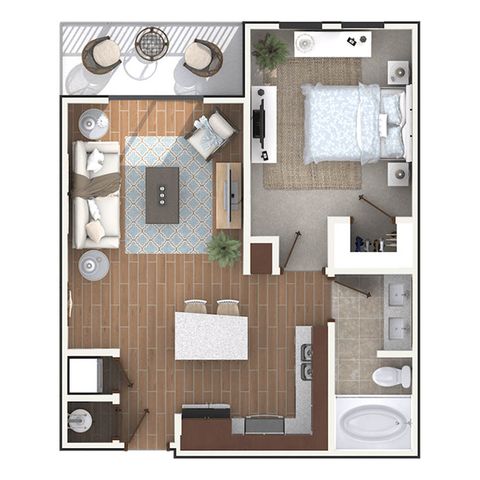 Chic 1-bedroom apartment floor plan featuring a modern open-concept living and kitchen area, spacious bathroom, and inviting balcony space.
