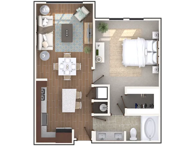 Chic 1-bedroom apartment floor plan with open-concept living and dining area, modern kitchen, and luxurious ensuite bathroom.
