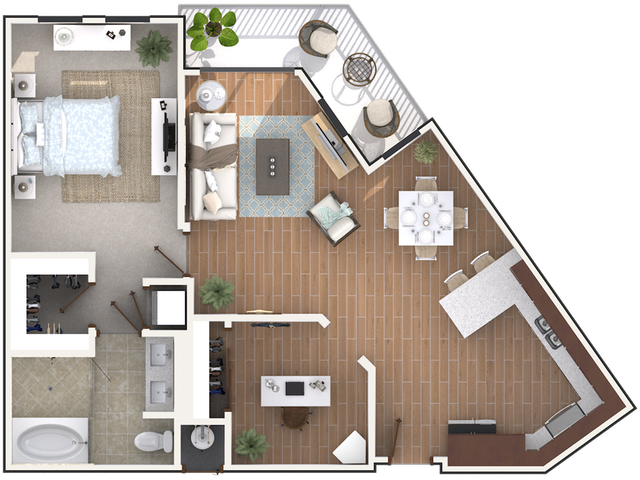Modern apartment floor plan featuring 1 bedroom, open-concept living and dining area, and a sleek kitchen with island seating.