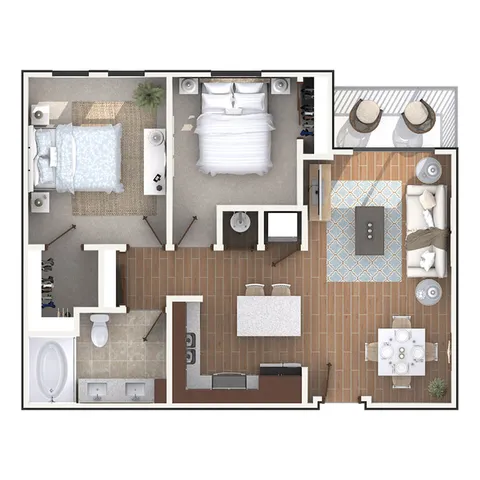 1 bedroom floor plan showcasing two spacious bedrooms, elegant bathroom, stylish open-concept living and dining area, and a cozy balcony.