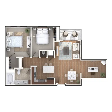 2 bedroom floor plan featuring two spacious bedrooms, an elegant kitchen, cozy living area, and private balcony.