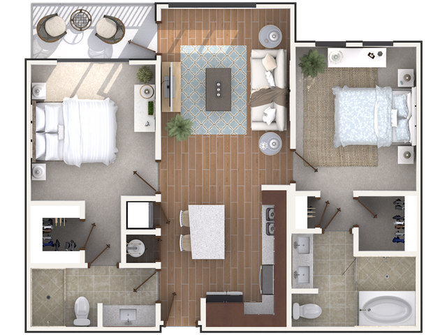 Modern floor plan featuring 2 cozy bedrooms, stylish open-plan living room, and a sleek kitchen with island seating.