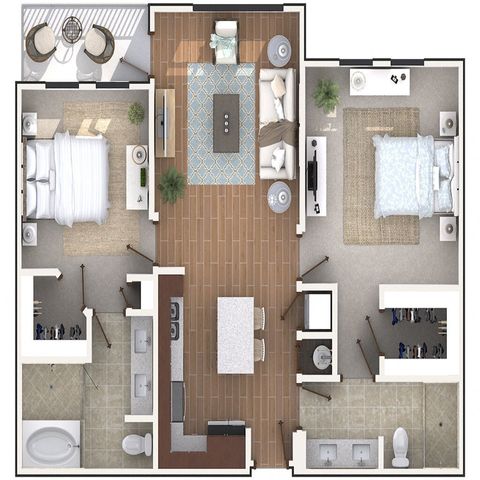 Modern apartment floor plan showcasing 2 elegant bedrooms, a spacious living area, sleek kitchen with an island, and inviting balcony space.