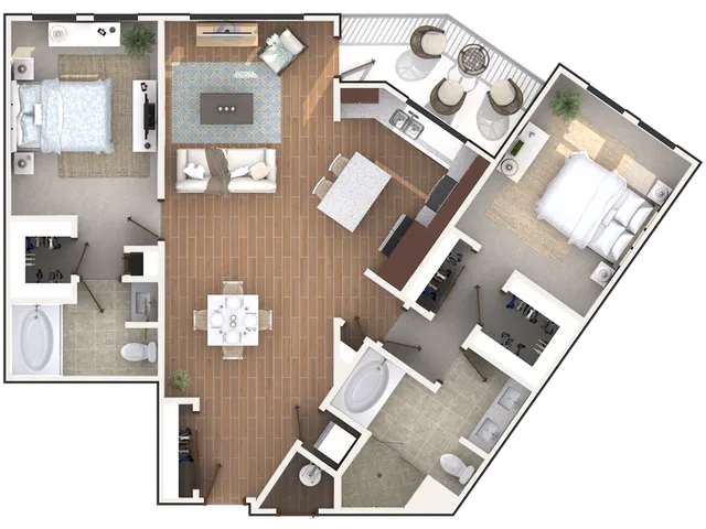 Chic modern floor plan showcasing 2 bedrooms, expansive open living area, and sleek kitchen with bar seating, plus a private patio with outdoor seating.