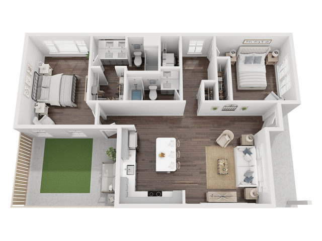 Modern 3D floor plan showcasing two spacious bedrooms, a cozy living area, stylish kitchen, and private balcony.
