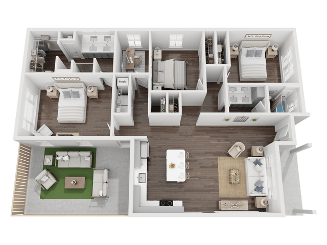 Elegant 3D floor plan featuring three spacious bedrooms, open-concept kitchen and dining area, cozy living room, and private balcony.
