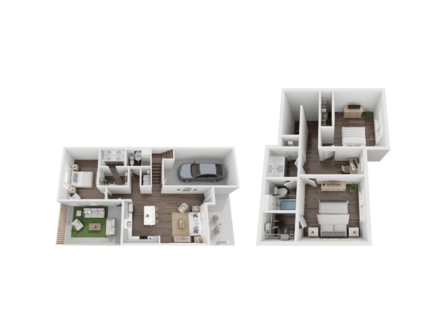 Chic two-level floor plan showcasing 3 bedrooms, modern kitchen, open living space, and convenient garage.