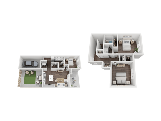 Modern 3D floor plan featuring a garage, open-concept living area, and three elegant bedrooms.