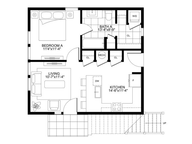 Modern 2D floor plan showcasing a cozy 1-bedroom layout with a spacious kitchen, living area, and elegant bathroom.