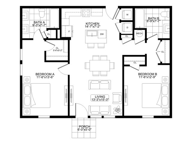 Chic floor plan showcasing 2 bedrooms, a modern kitchen, spacious living area, and 2 bathrooms, complete with a cozy porch.