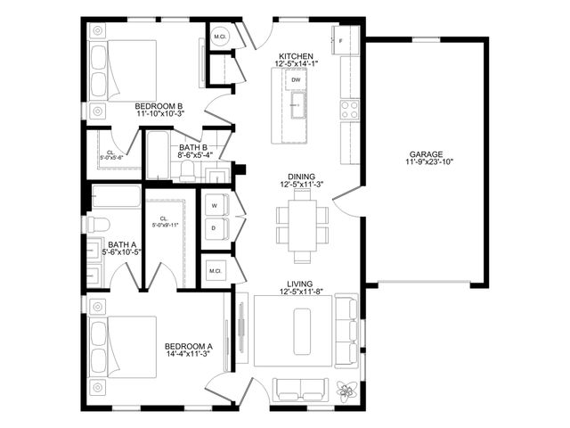 Modern floor plan featuring 2 bedrooms, 2 baths, a stylish kitchen, cozy living and dining areas, and convenient garage access.