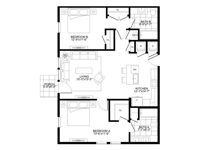 Modern floor plan featuring 2 bedrooms, spacious living room, and an open kitchen with adjacent porch.
