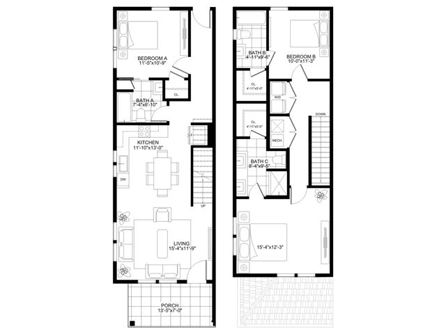 Modern two-story floor plan featuring 3 bedrooms, 3 bathrooms, a spacious kitchen, and a cozy living area with porch. Ideal for comfortable living.