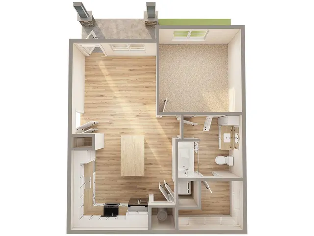 Modern apartment floor plan featuring one bedroom, spacious kitchen, and elegant living area with balcony