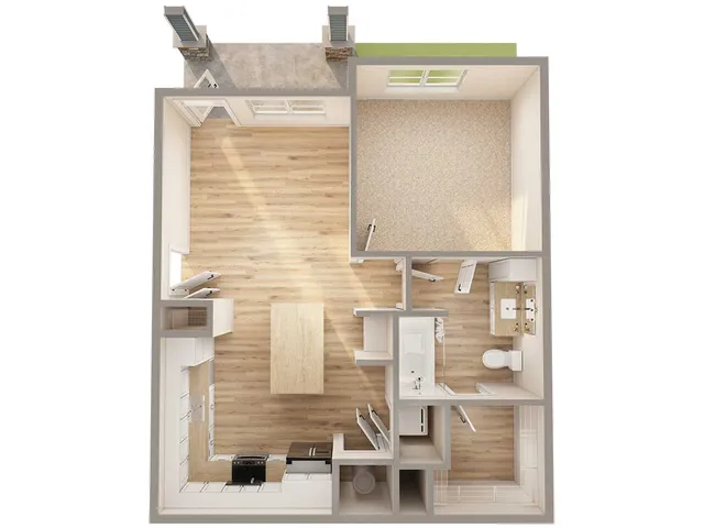 Spacious modern apartment floor plan with one carpeted bedroom, open kitchen, and wooden flooring living area.