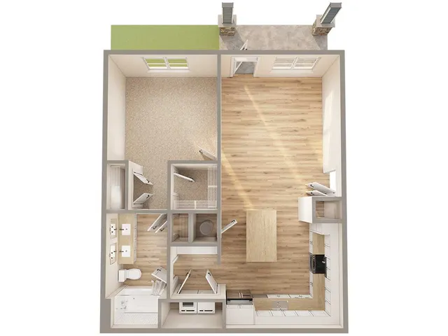 Detailed floor plan of a modern open-concept apartment with living area, kitchen, and bedroom.