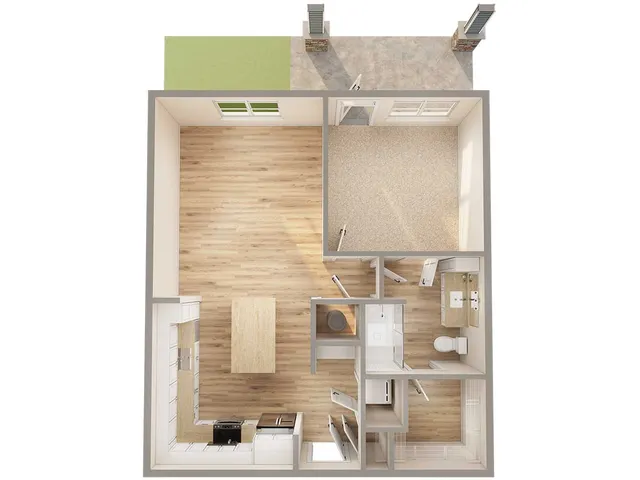 Modern apartment floor plan with open living space, kitchen, bedroom, and bathroom.