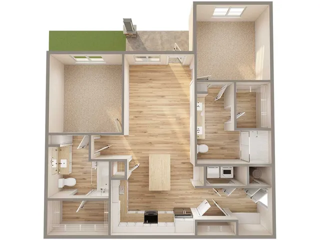 Modern apartment floor plan with two bedrooms, spacious living area, and open kitchen.