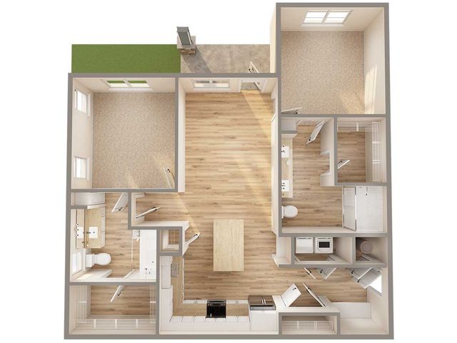 High-angle view of a modern two-bedroom apartment floor plan featuring open living space and natural lighting.