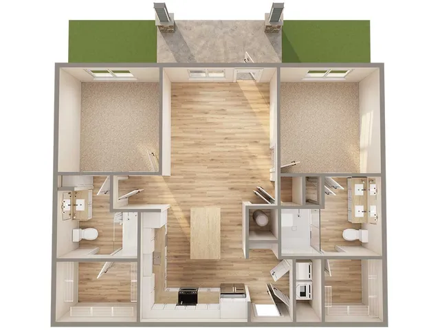 Spacious two-bedroom apartment floor plan with open living area and modern kitchen.