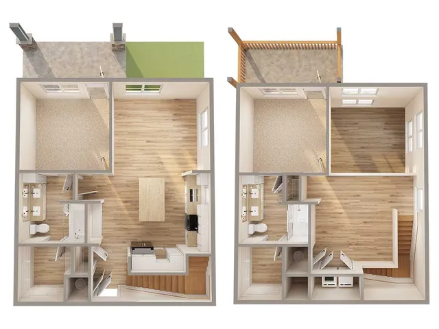 Top-down view of a modern duplex floor plan featuring two spacious bedrooms, an elegant open living area, and a chic kitchen, with lush outdoor space.