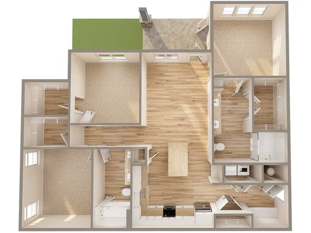 Contemporary apartment floor plan with two bedrooms, spacious living area, kitchen, and patio.