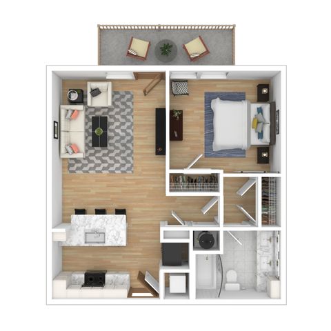 Elegant 1-bedroom floor plan with open-concept living room, modern kitchen, and cozy balcony.