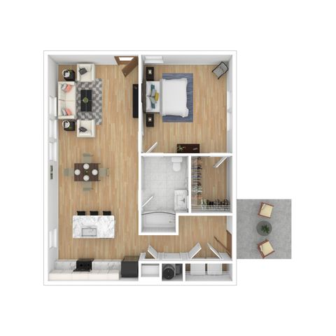 Modern and functional 2D floor plan showcasing 1 bedroom, an open-concept living and dining area, and a sleek kitchen. Includes a private patio for outdoor relaxation.