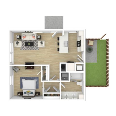 Modern 2D floor plan featuring one spacious bedroom, open-concept kitchen with island, cozy living room, elegant bathroom, and private fenced patio.
