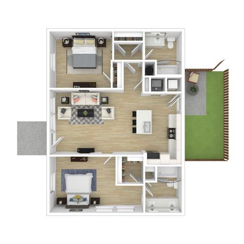 Modern 2D floor plan showcasing 2 spacious bedrooms, an inviting open-plan living area, sleek kitchen with island, and a cozy outdoor space.