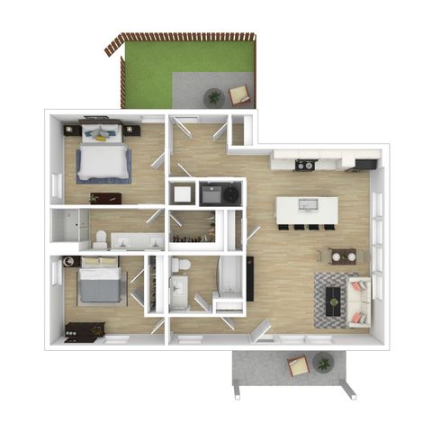 Charming 3D floor plan showcasing two bedrooms, a stylish open-concept living area, modern kitchen with island, and cozy patio.